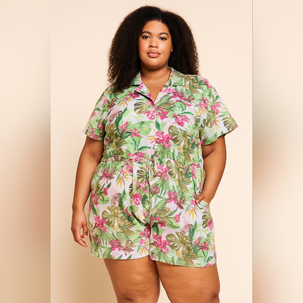NWOT Victoria's Secret Tropical Floral Linen Blend Romper XXL Resortwear Beach